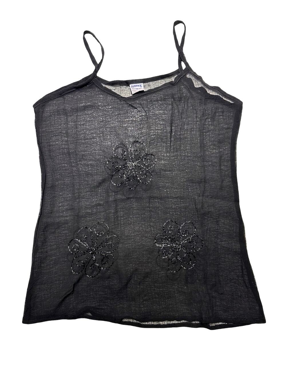 Surface Black Crinkled Sheer Floral Embroidered Cami Tank Size Small